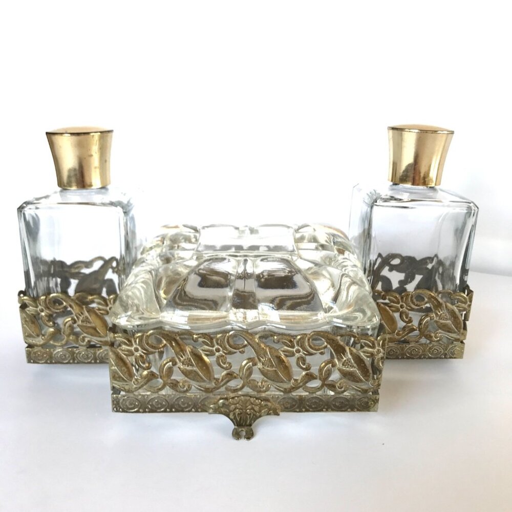 Hollywood Regency Ormolu Vanity Set 2 Jars Lidded Trinket Powder Dish Gold Filag